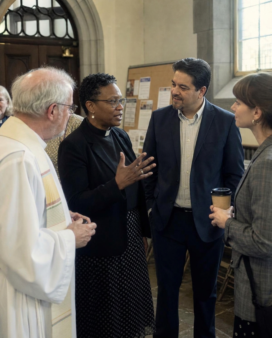 Faith leaders gathered in fellowship inside a sunlit sanctuary